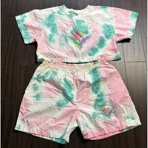 Vintage Tropical Bay Club Hawaii Crop Top & Elastic Waist Shorts L Muscle Pedra